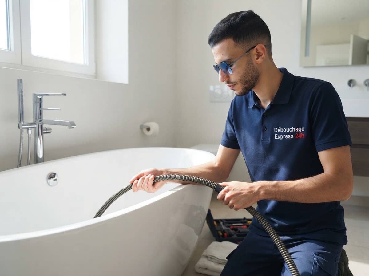 Passage d'un furet flexible de plomberie dans la baignoire à Thuin