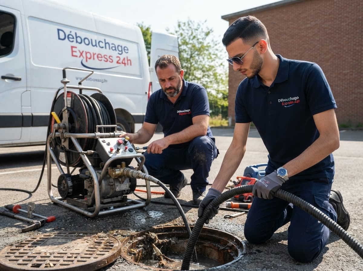 Équipe de déboucheurs opérant l'hydrocurage de canalisation