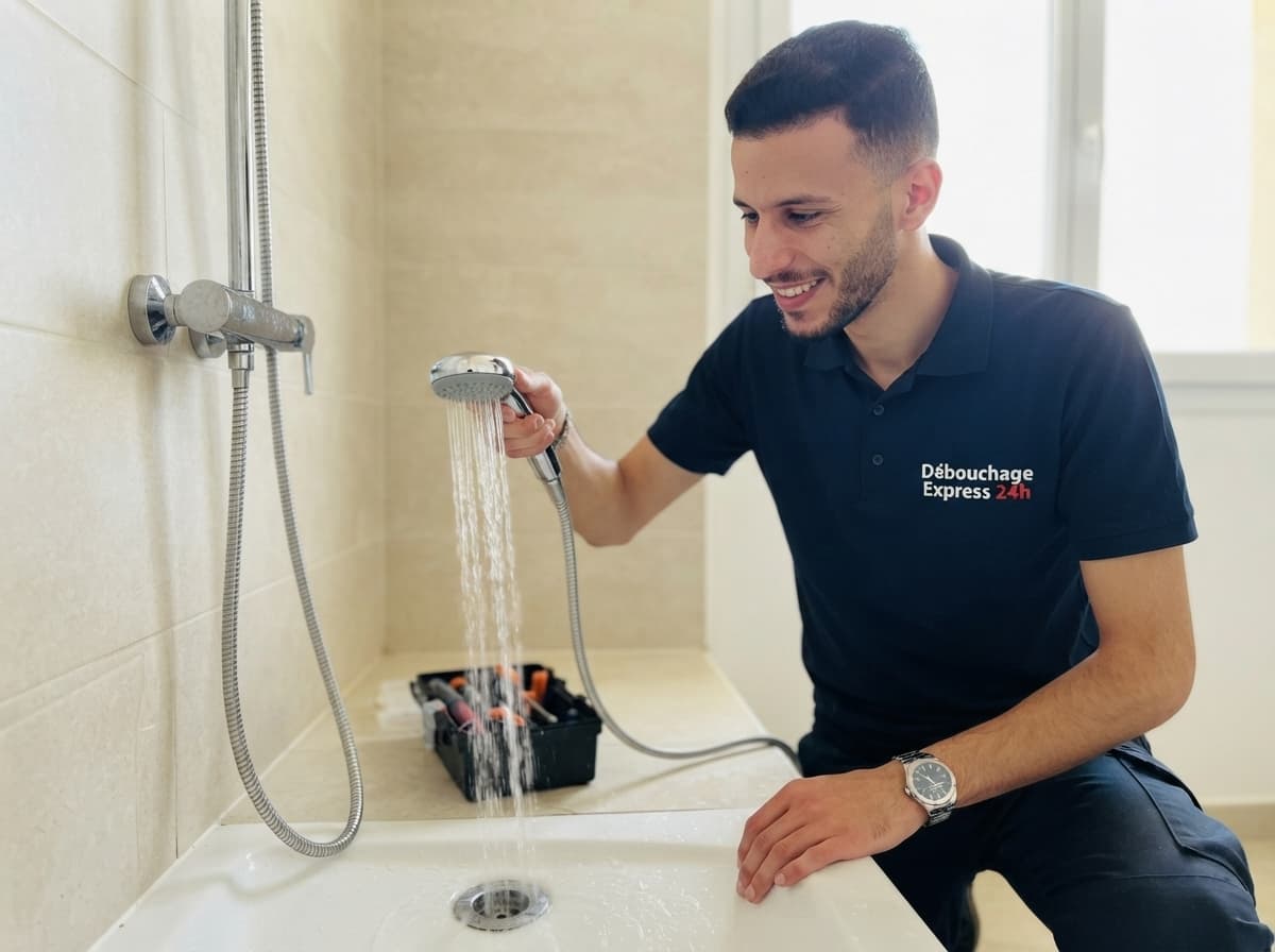 Test d'écoulement de la douche avec de l'eau claire à Andenne