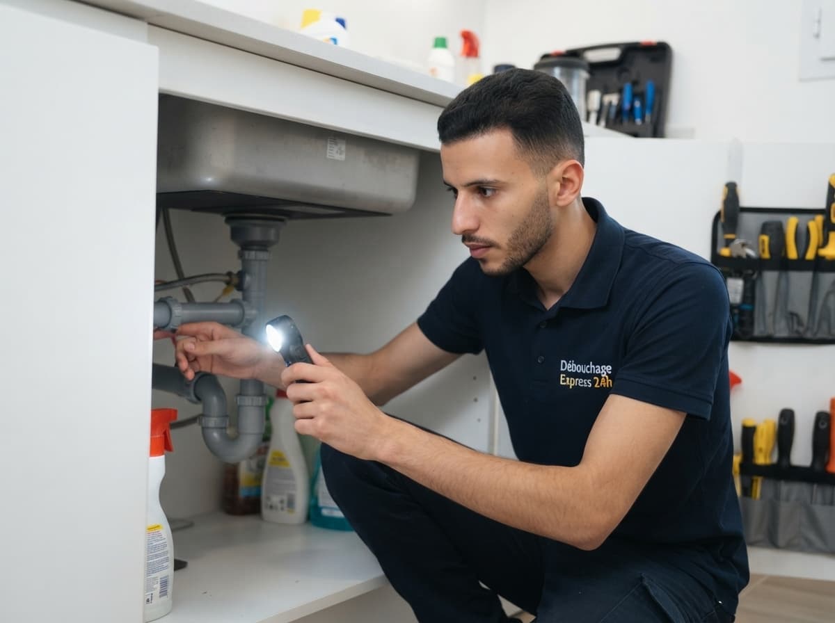 Inspection de l'évier de cuisine bouché par un technicien