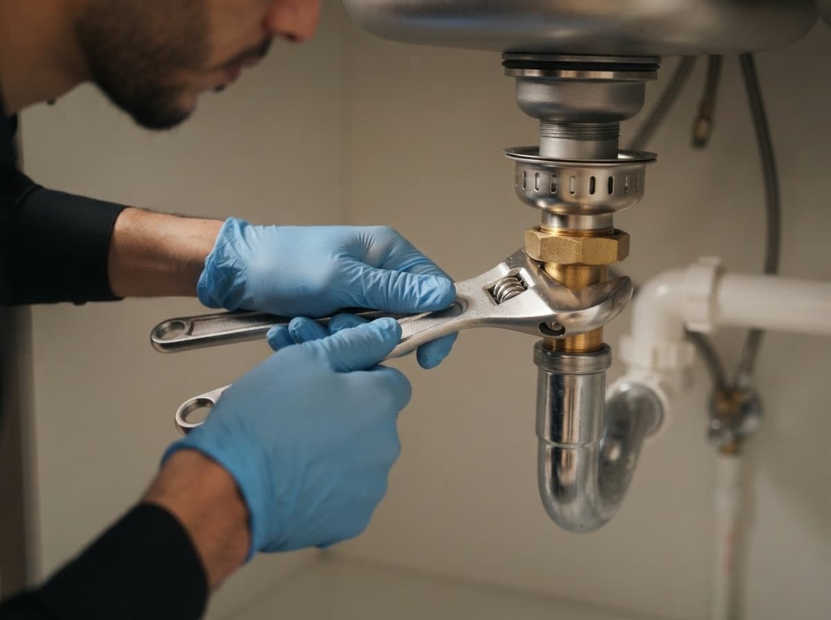 Resserrage des raccords sous l'évier de cuisine